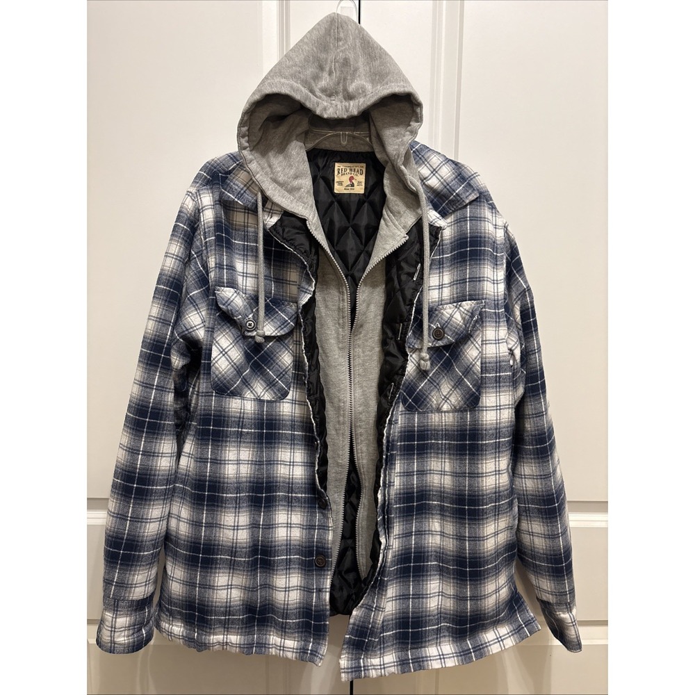 RedHead Mens Plaid Flannel Shirt Jacket Quilted Hooded Blue Large